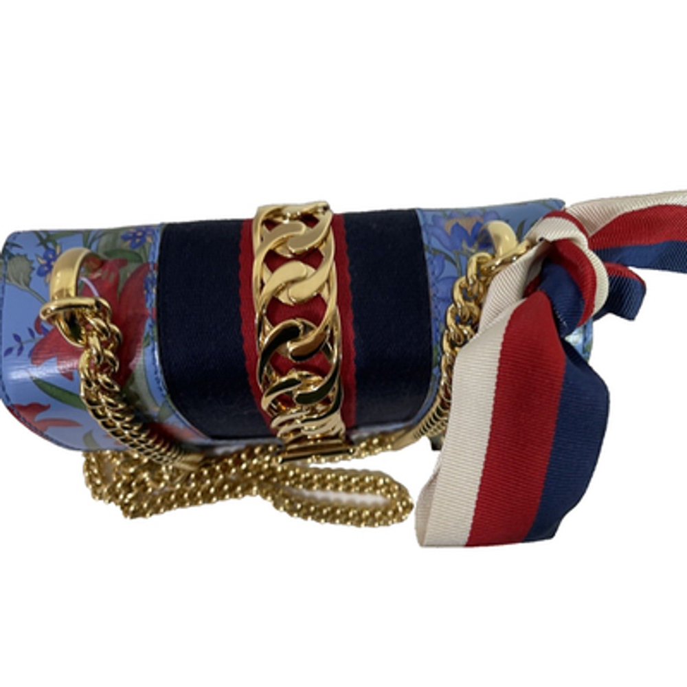 Gucci Sylvie Azure Blue Flora Chain Strap Leather Shoulder Bag #431666 L/N - Picture 5 of 14